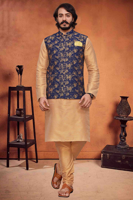 Gold Colour Kurta Pajama With Jacket In Art Silk VSKP1210324