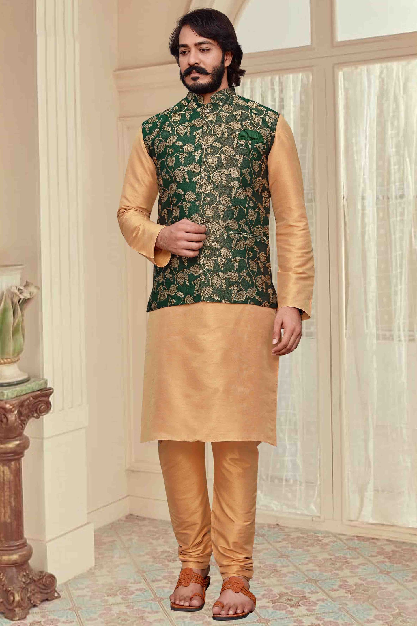 Gold Colour Kurta Pajama With Jacket In Art Silk VSKP1210325