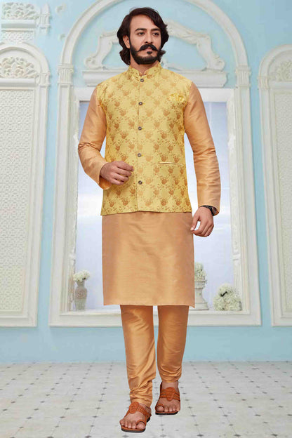 Gold Colour Kurta Pajama With Jacket In Art Silk VSKP1210326