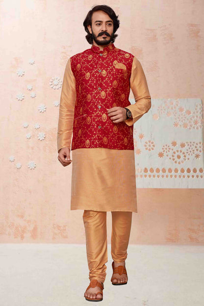 Gold Colour Kurta Pajama With Jacket In Art Silk VSKP1210327