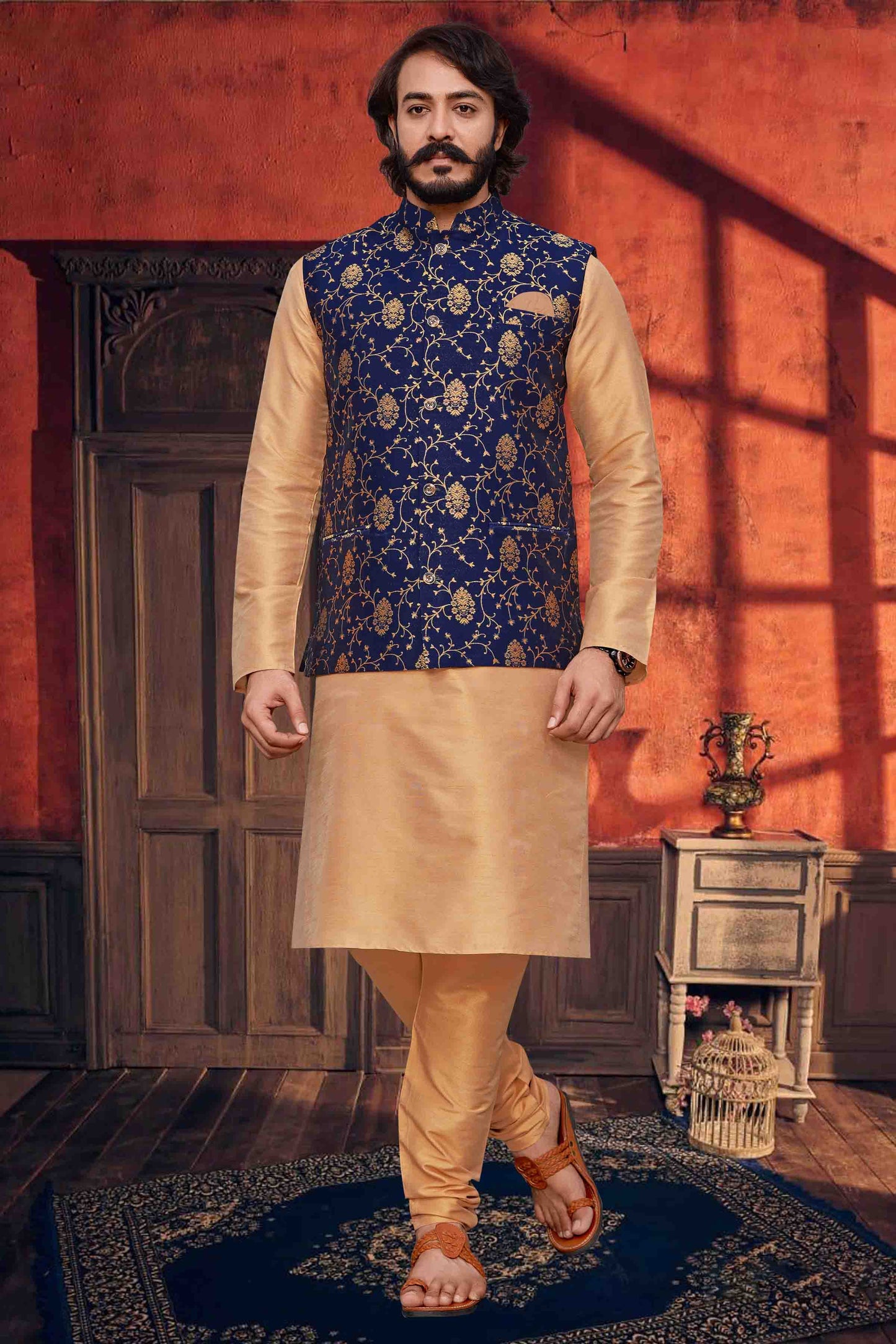 Gold Colour Kurta Pajama With Jacket In Art Silk VSKP1210328