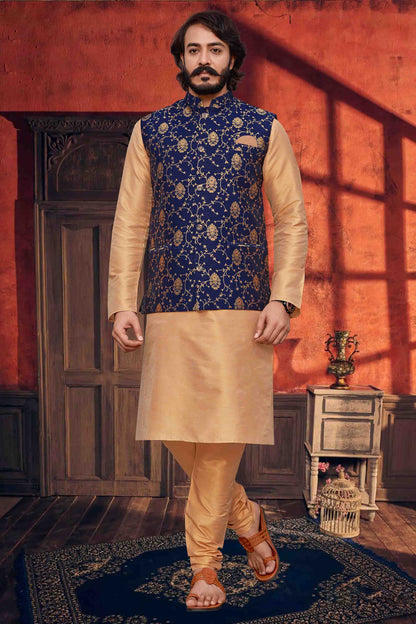 Gold Colour Kurta Pajama With Jacket In Art Silk VSKP1210328