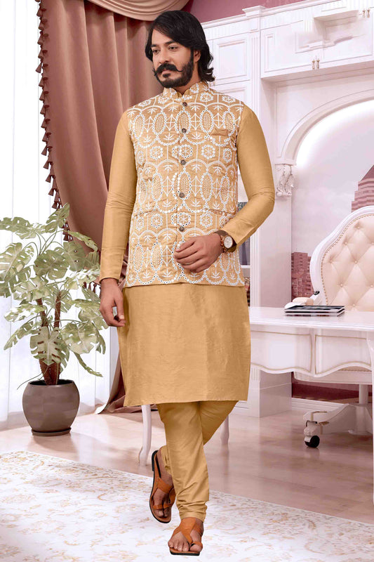 Gold Colour Kurta Pajama With Jacket In Art Silk VSKP1210420