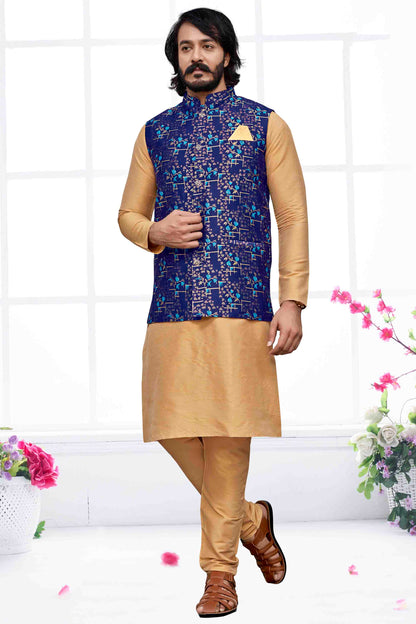 Gold Colour Kurta Pajama With Jacket In Art Silk VSKP1210465