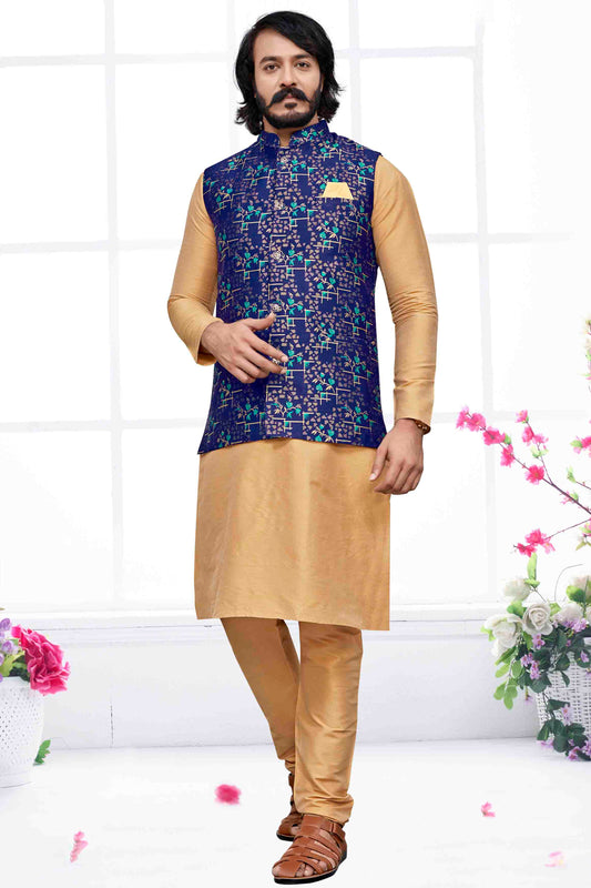 Gold Colour Kurta Pajama With Jacket In Art Silk VSKP1210467