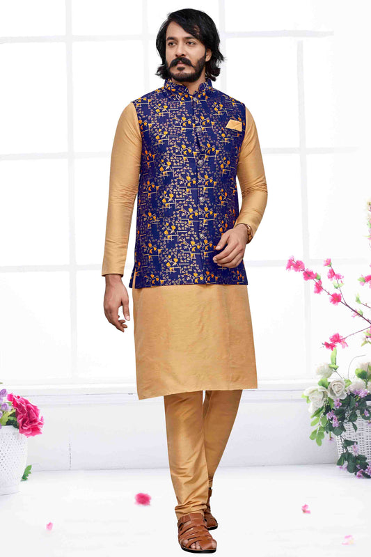 Gold Colour Kurta Pajama With Jacket In Art Silk VSKP1210468