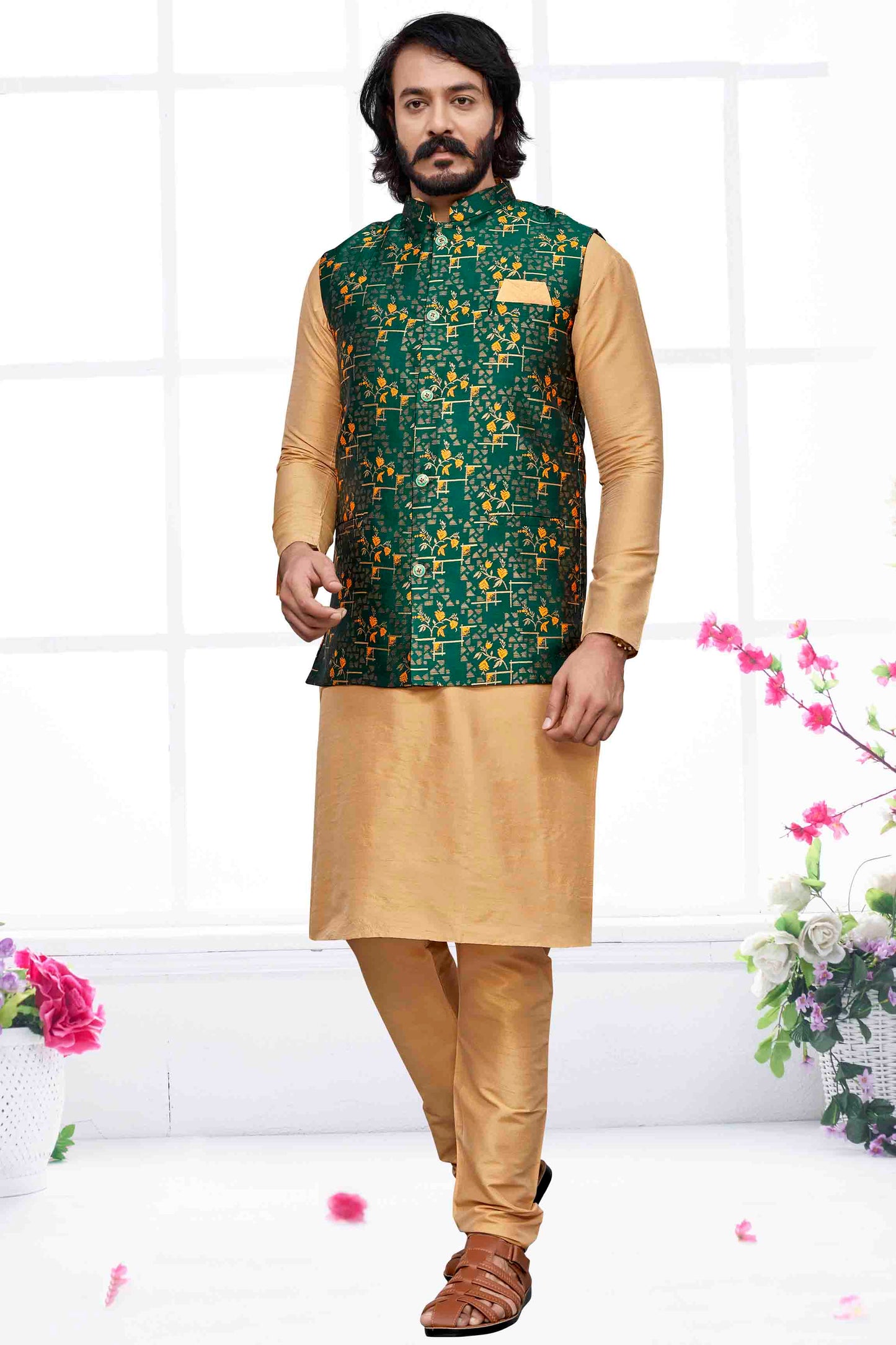 Gold Colour Kurta Pajama With Jacket In Art Silk VSKP1210469