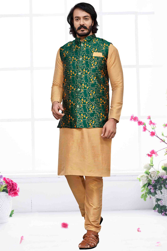 Gold Colour Kurta Pajama With Jacket In Art Silk VSKP1210469