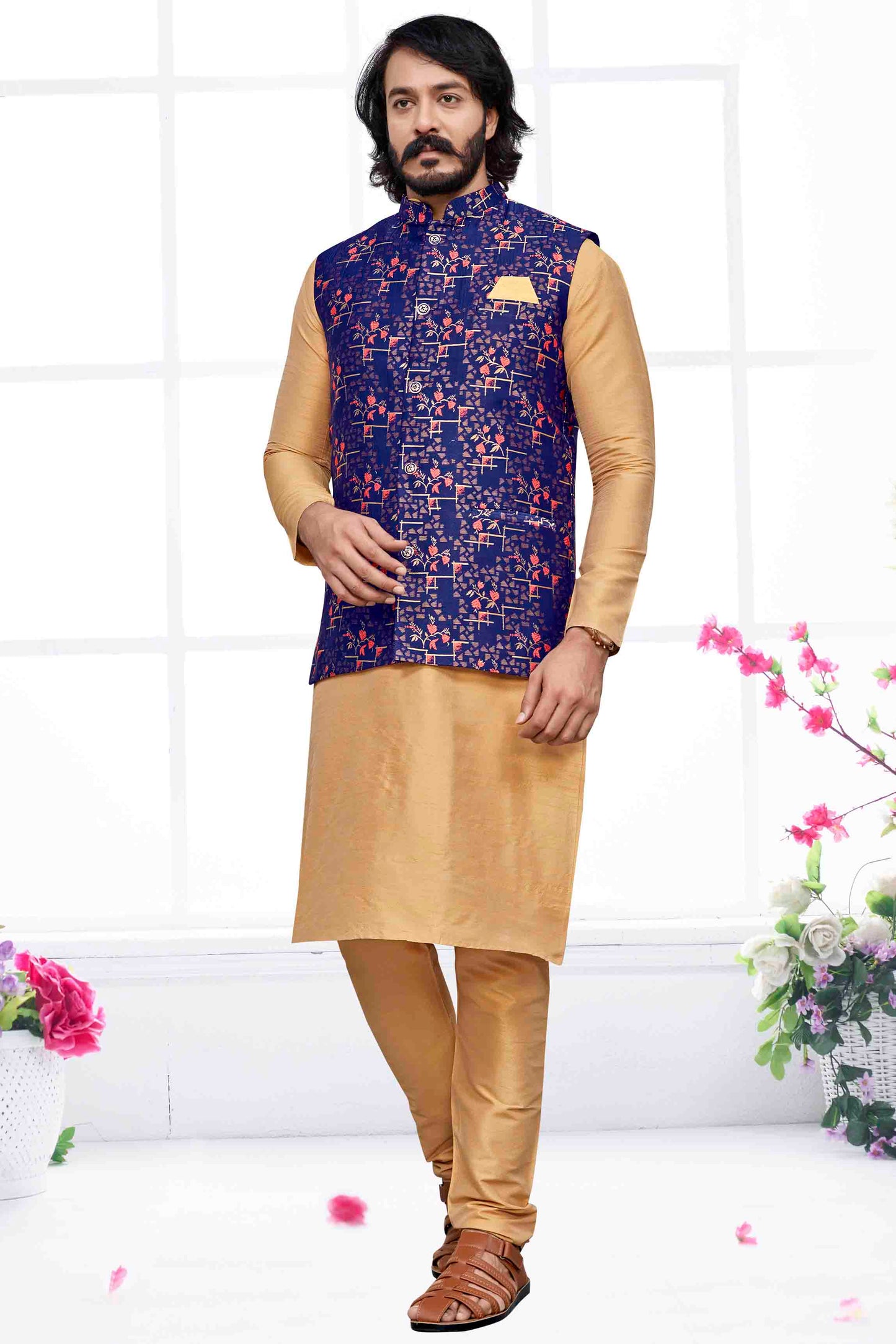 Gold Colour Kurta Pajama With Jacket In Art Silk VSKP1210470
