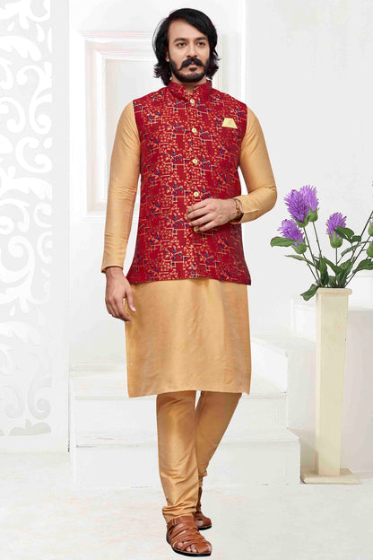 Gold Colour Kurta Pajama With Jacket In Art Silk VSKP1210471
