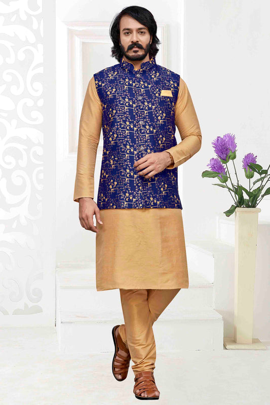 Gold Colour Kurta Pajama With Jacket In Art Silk VSKP1210472