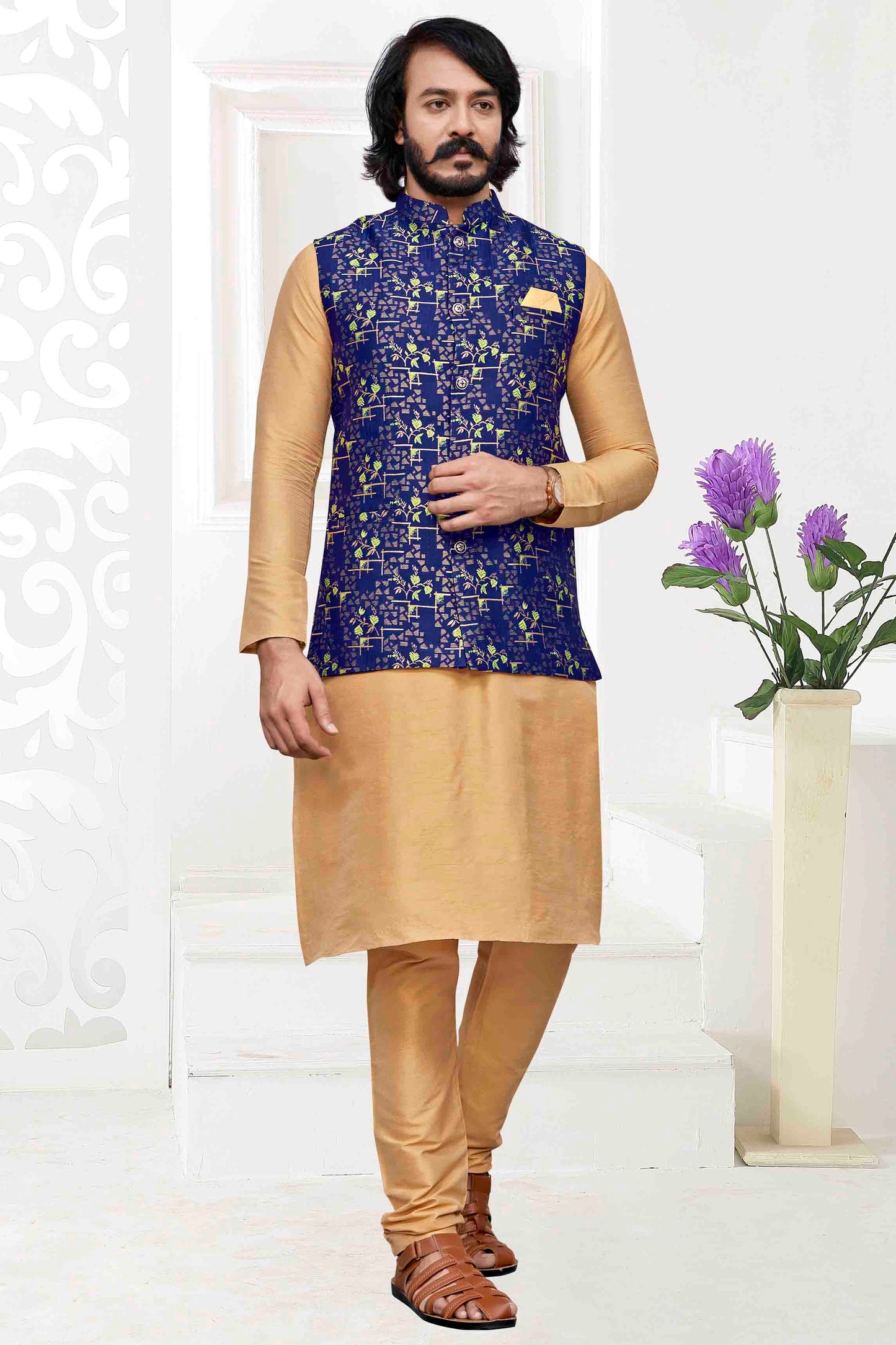 Gold Colour Kurta Pajama With Jacket In Art Silk VSKP1210473