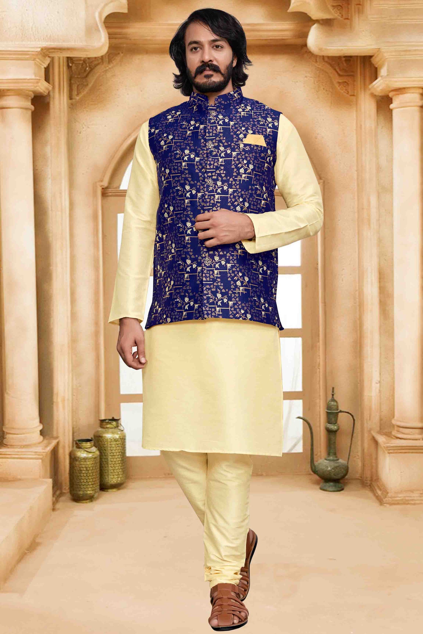 Gold Colour Kurta Pajama With Jacket In Art Silk VSKP1210477