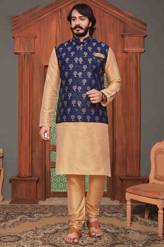 Gold Colour Kurta Pajama With Jacket In Fancy Silk VSKP1210345