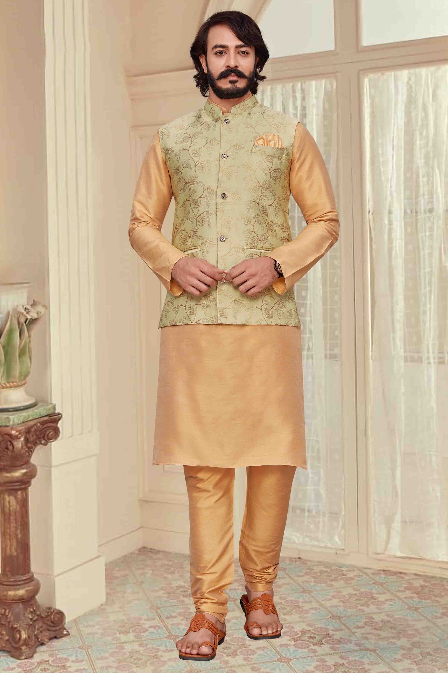 Gold Colour Kurta Pajama With Jacket In Fancy Silk VSKP1210346