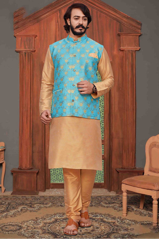 Gold Colour Kurta Pajama With Jacket In Fancy Silk VSKP1210349