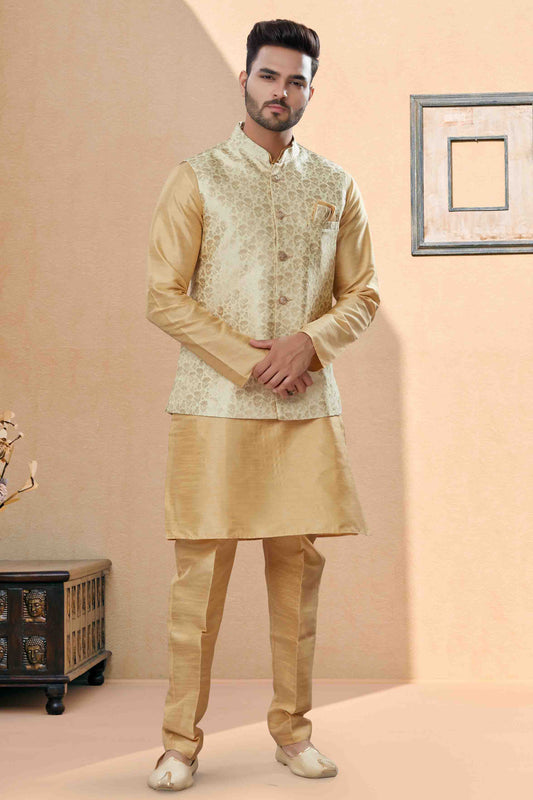 Gold Colour Kurta Pajama With Jacket In Silk Dupion Fabric VSKP1040462