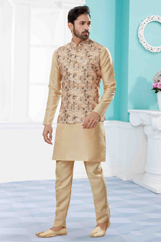 Gold and Cream Colour Kurta Pajama With Jacket In Silk Dupion Fabric VSKP1040458