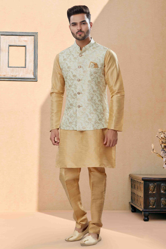 Gold and Cream Colour Kurta Pajama With Jacket In Silk Dupion Fabric VSKP1040461