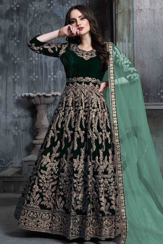 Green Colour 9000 Velvet Semi Stitched Anarkali Suit VSSM1050270