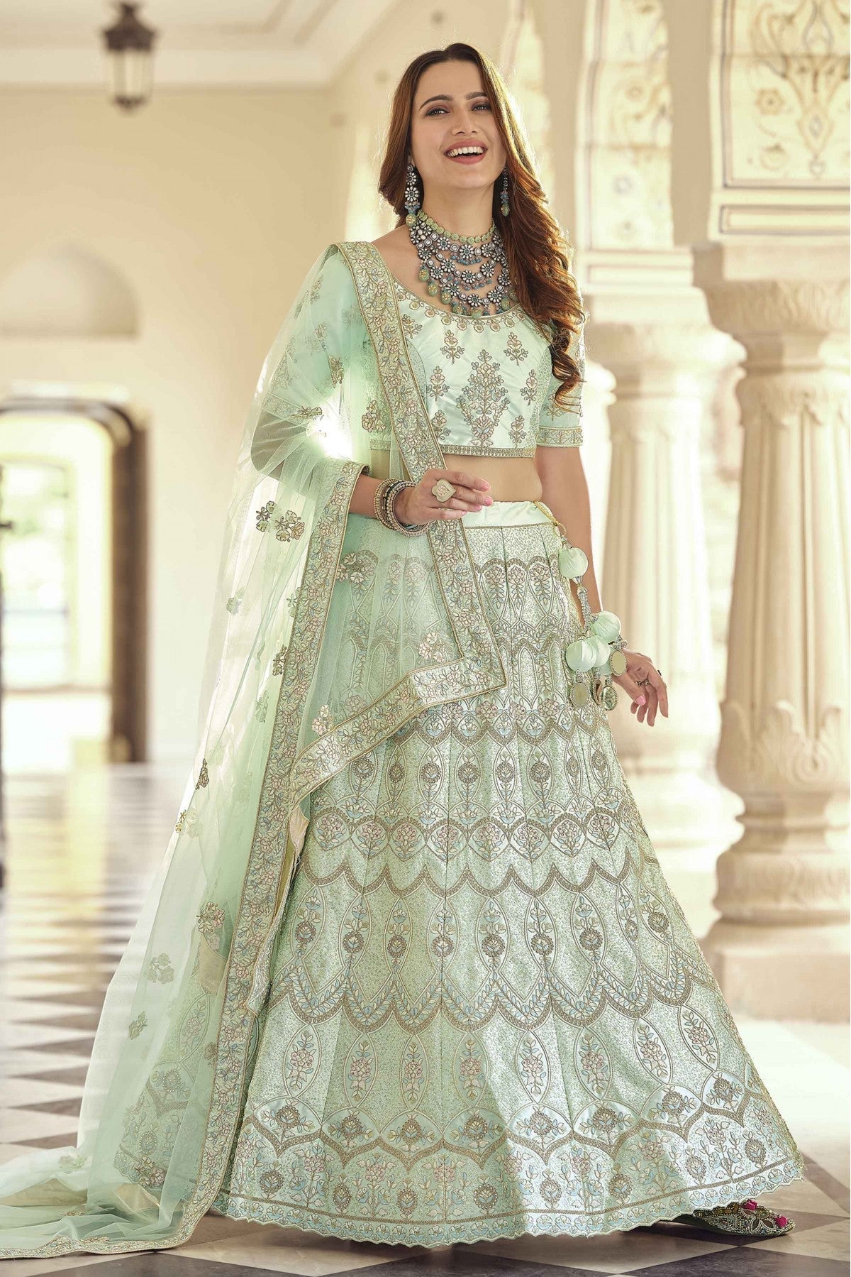 Green Colour Crepe Sequins Work Lehenga Choli VSLC1080611