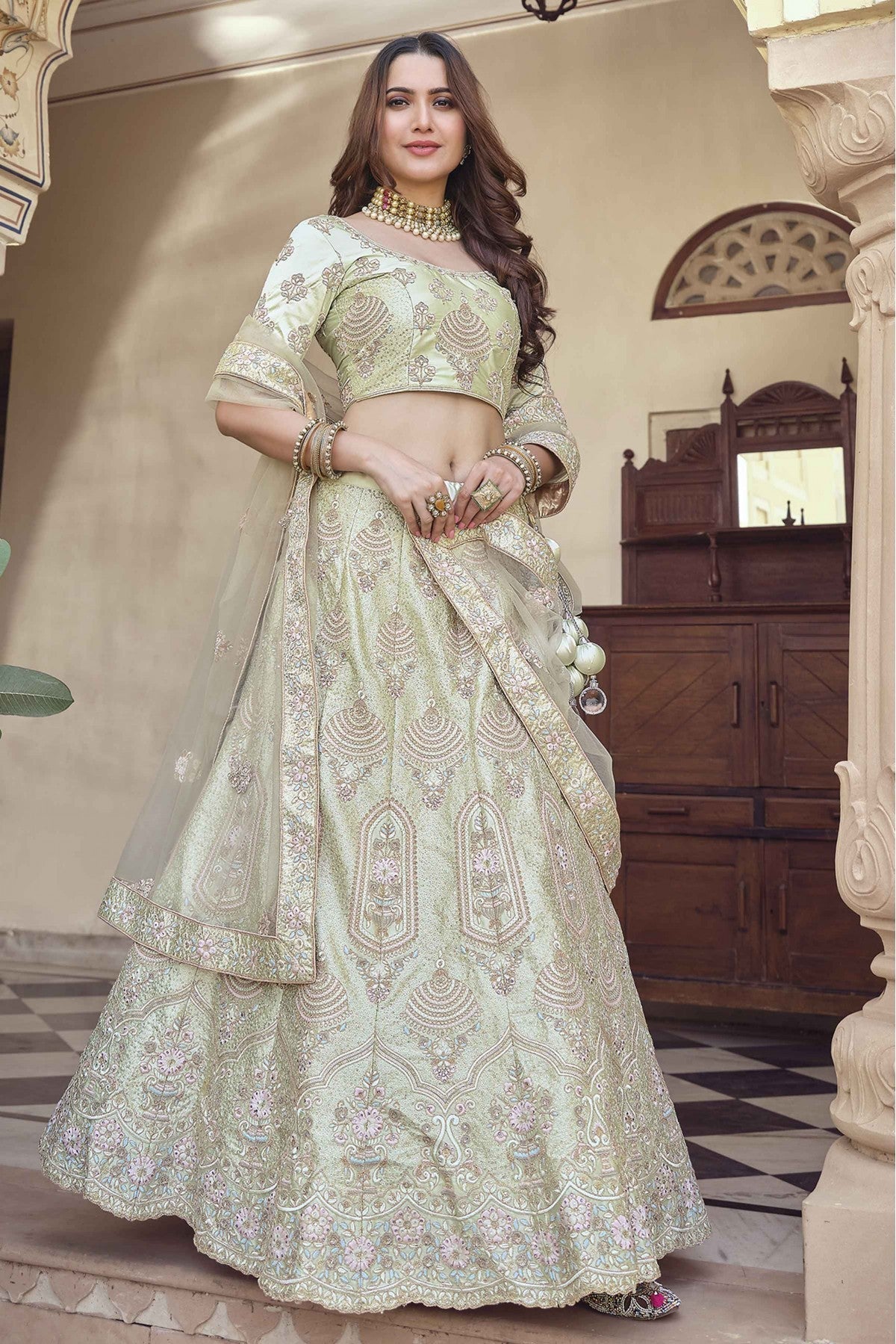 Green Colour Crepe Sequins Work Lehenga Choli VSLC1080612