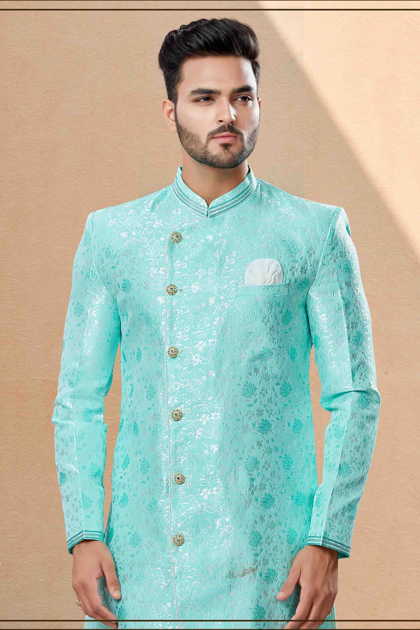 Green Colour Dhoti Sherwani In Banarasi Jacquard Fabric VSSH1040387