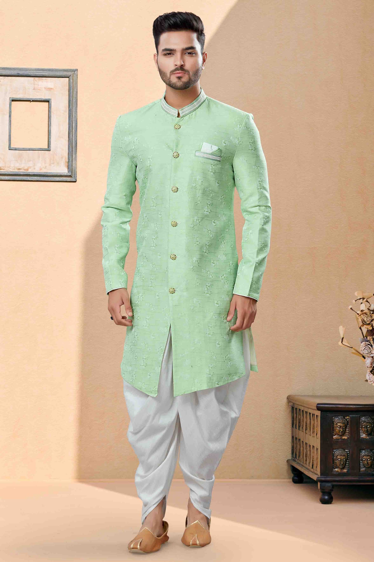 Green Colour Dhoti Sherwani In Banarasi Jacquard Fabric VSSH1040394