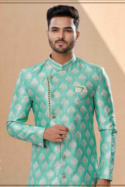 Green Colour Dhoti Sherwani In Banarasi Jacquard Fabric VSSH1040401