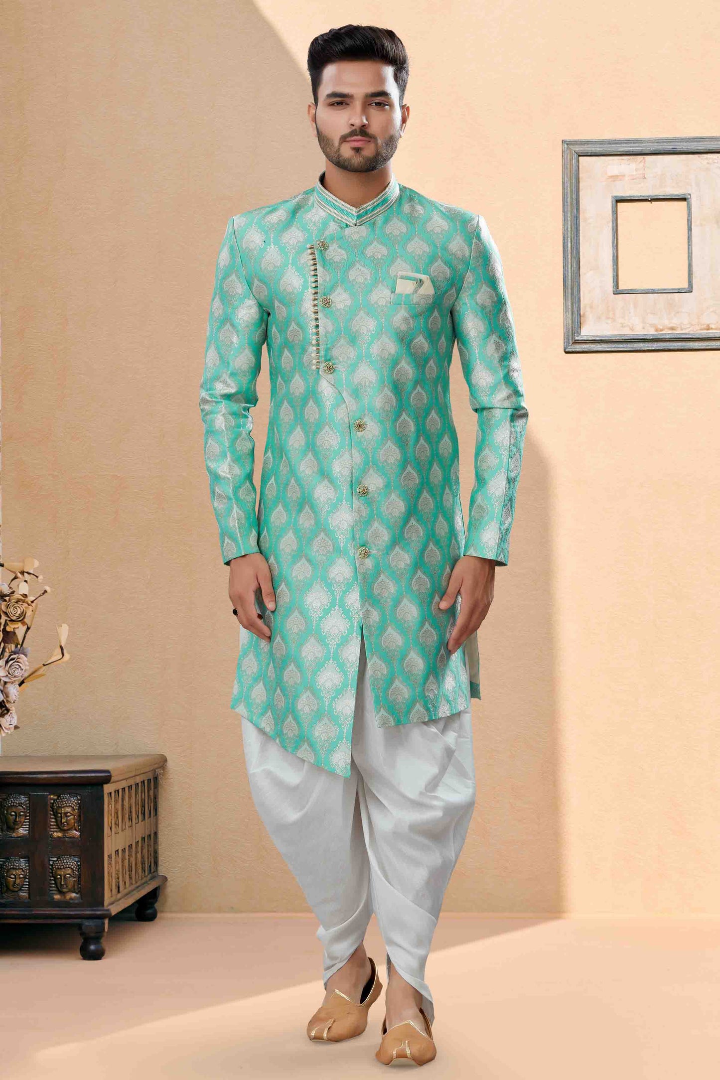 Green Colour Dhoti Sherwani In Banarasi Jacquard Fabric VSSH1040401