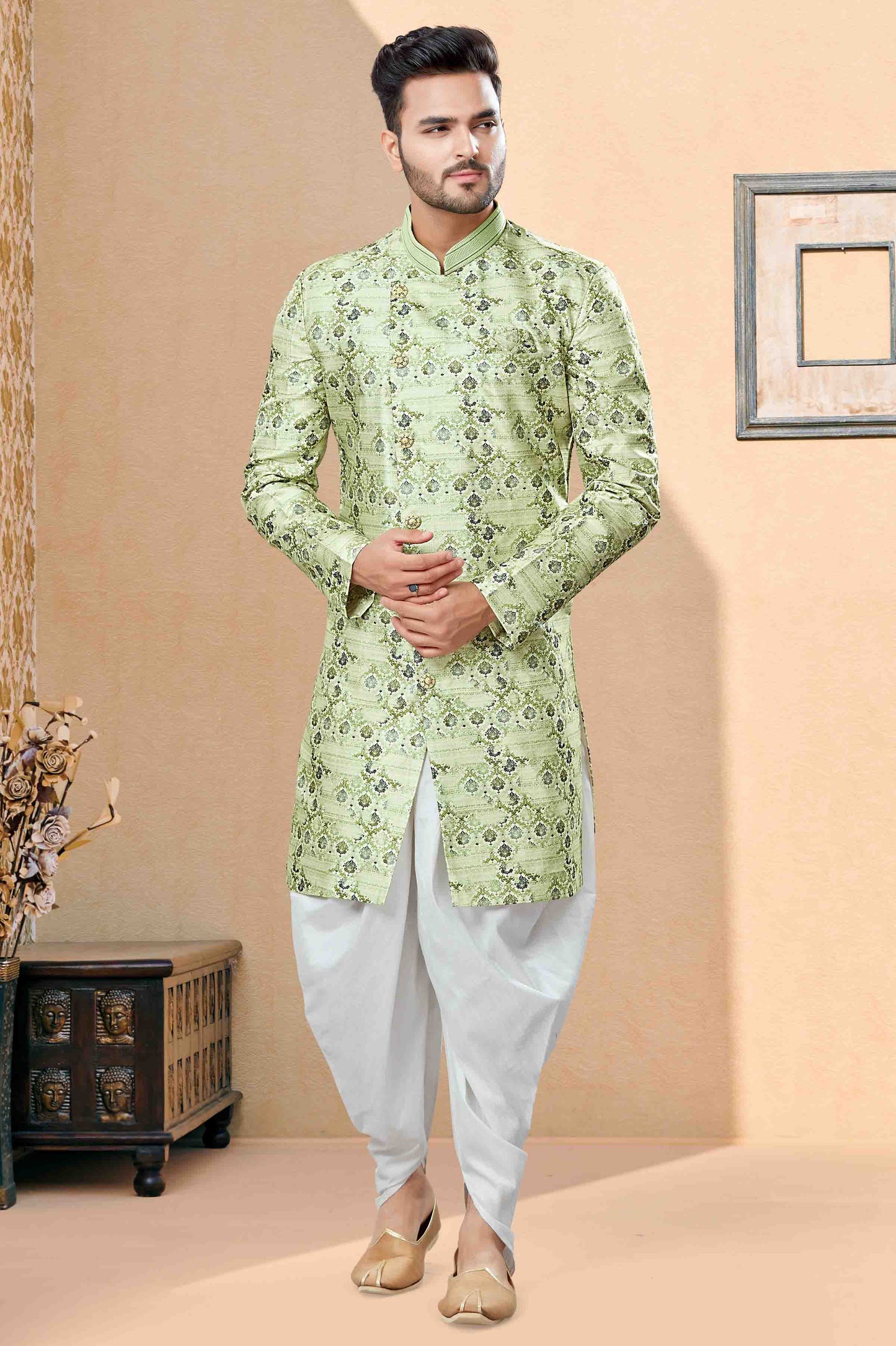 Green Colour Dhoti Sherwani In Jacquard Fabric VSSH1040389