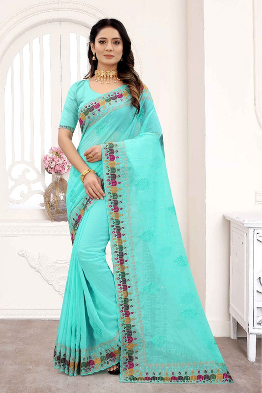 Green Colour Georgette Embroidery Saree VSSD1090284