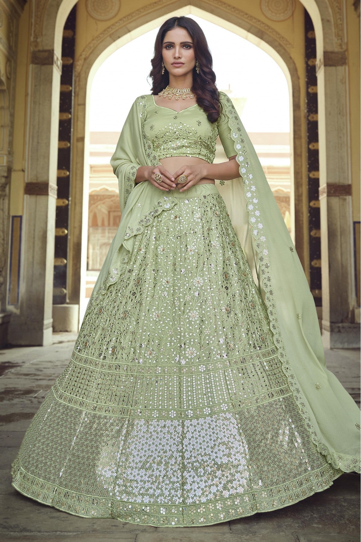Green Colour Georgette Sequins Work Lehenga Choli VSLC1080560