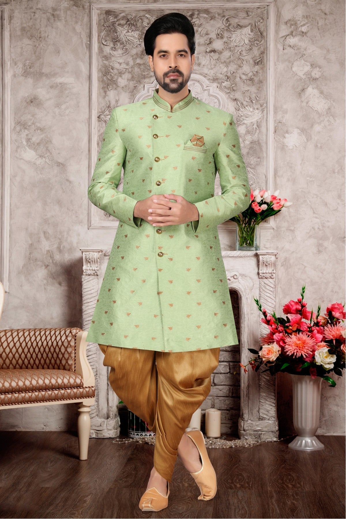 Green Colour Jacquard Dhoti Sherwani VSSH1040290