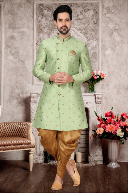 Green Colour Jacquard Dhoti Sherwani VSSH1040290