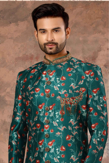 Green Colour Jacquard Digital Print Sherwani VSSH1040320
