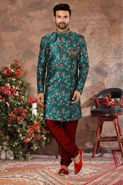 Green Colour Jacquard Digital Print Sherwani VSSH1040320
