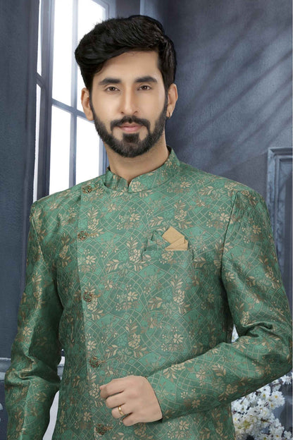 Green Colour Jacquard Digital Print Sherwani VSSH1040329