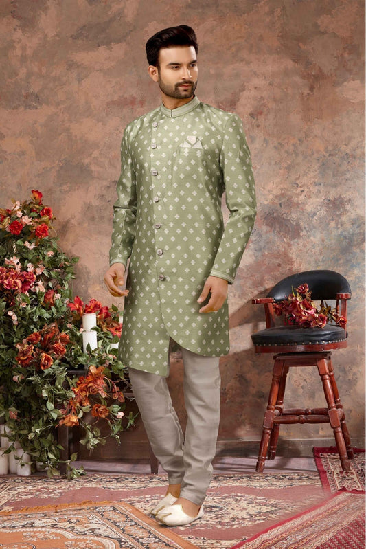 Green Colour Jacquard Digital Print Sherwani VSSH1040332