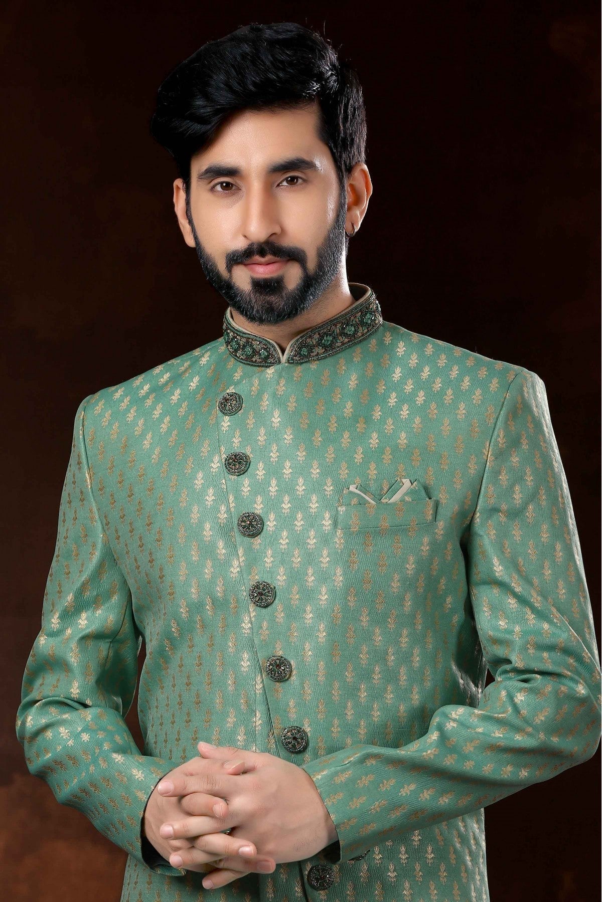 Green Colour Jacquard Sherwani VSSH1040365