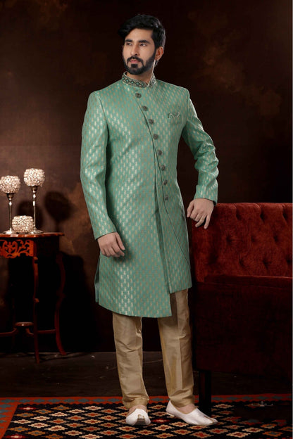 Green Colour Jacquard Sherwani VSSH1040365