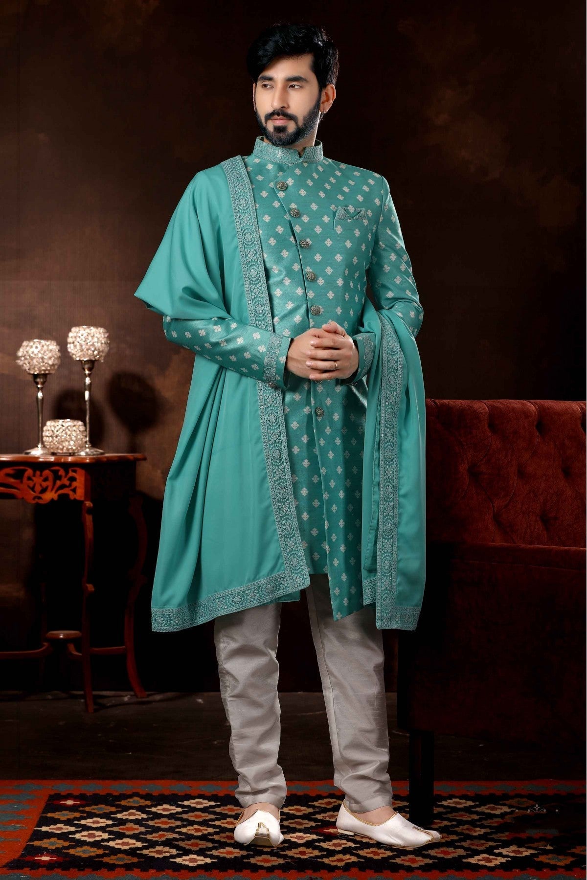 Green Colour Jacquard Sherwani VSSH1040374
