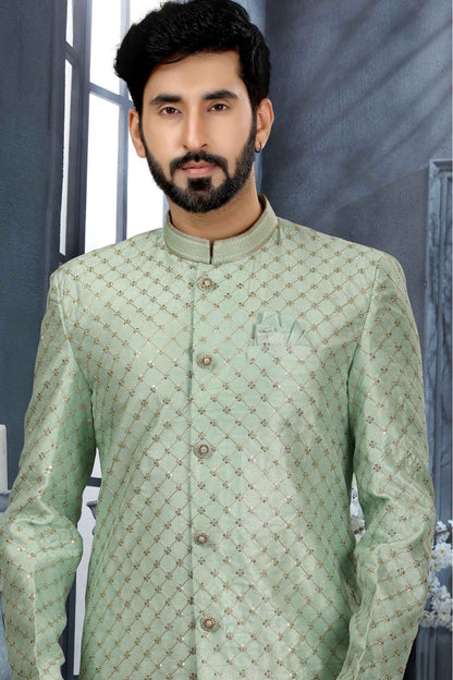 Green Colour Jacquard Thread Work Sherwani VSSH1040321