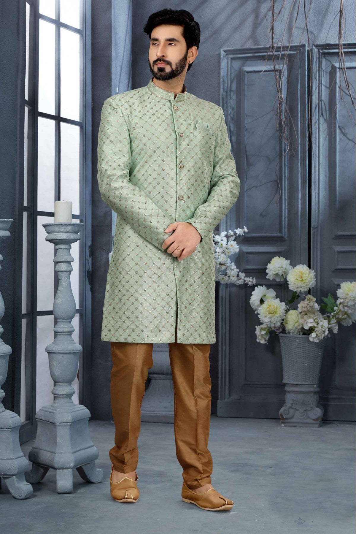 Green Colour Jacquard Thread Work Sherwani VSSH1040321