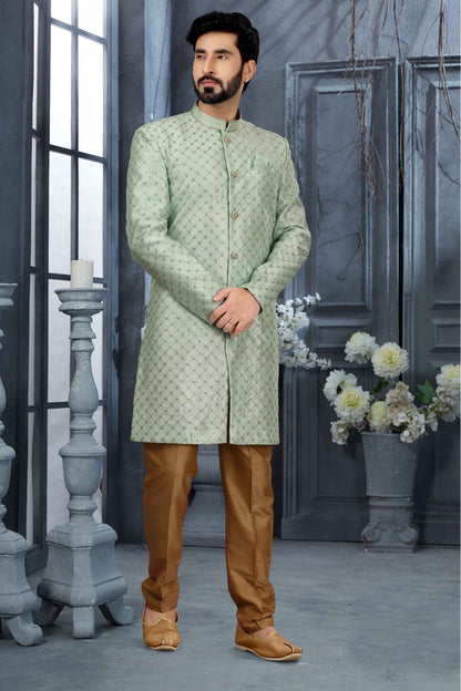 Green Colour Jacquard Thread Work Sherwani VSSH1040321