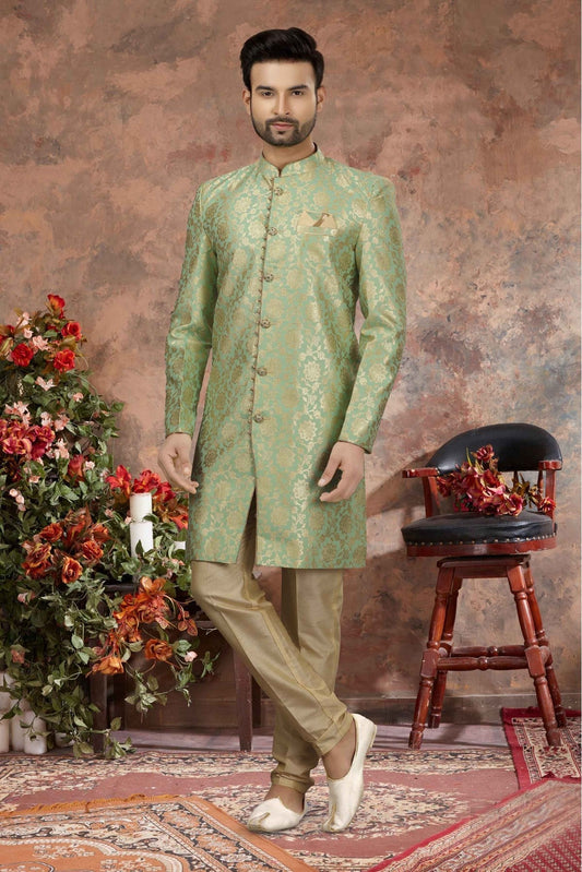 Green Colour Jacquard Thread Work Sherwani VSSH1040355