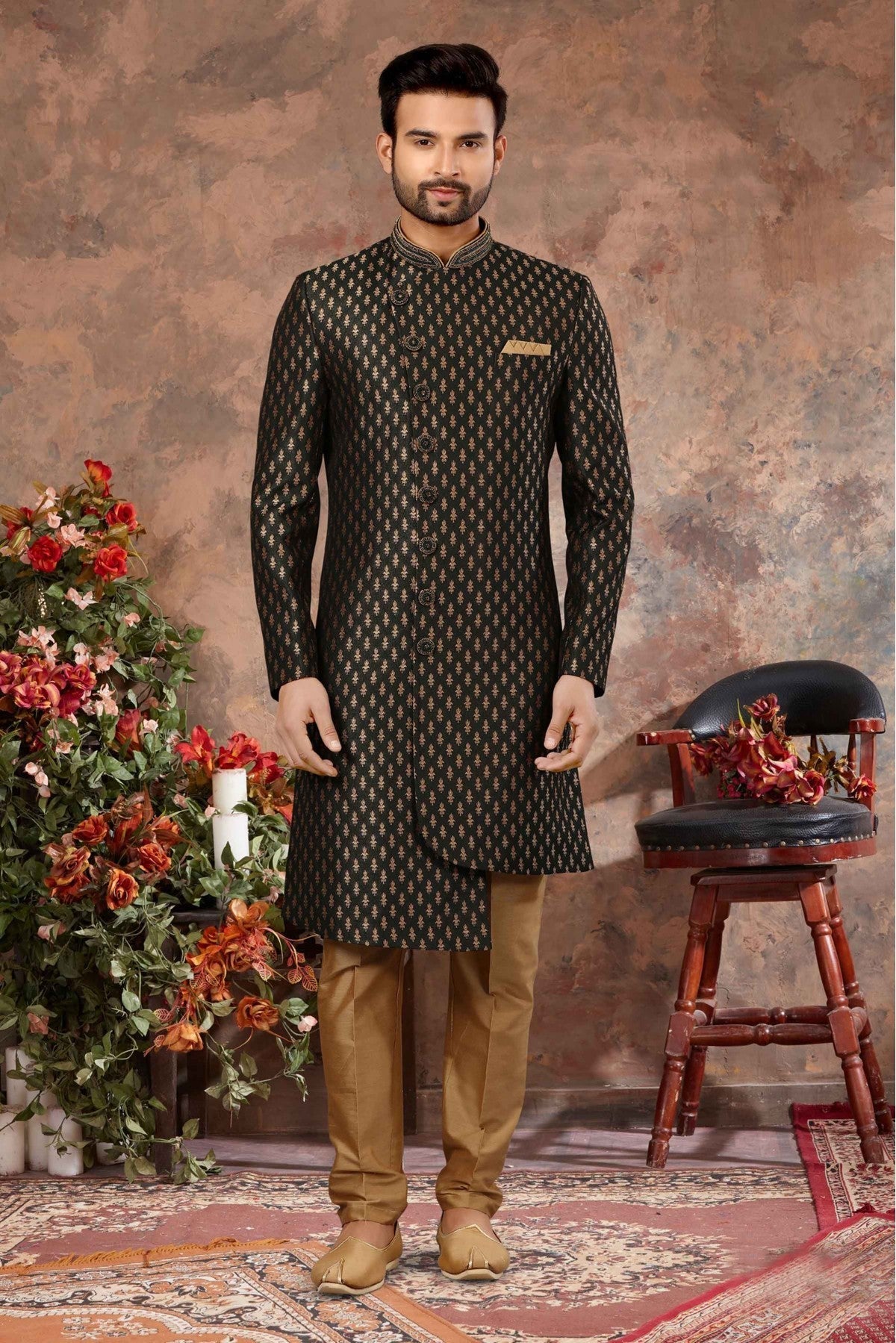 Green Colour Jacquard Woven Sherwani VSSH1040326