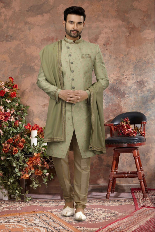 Green Colour Jacquard Zari Work Sherwani VSSH1040324