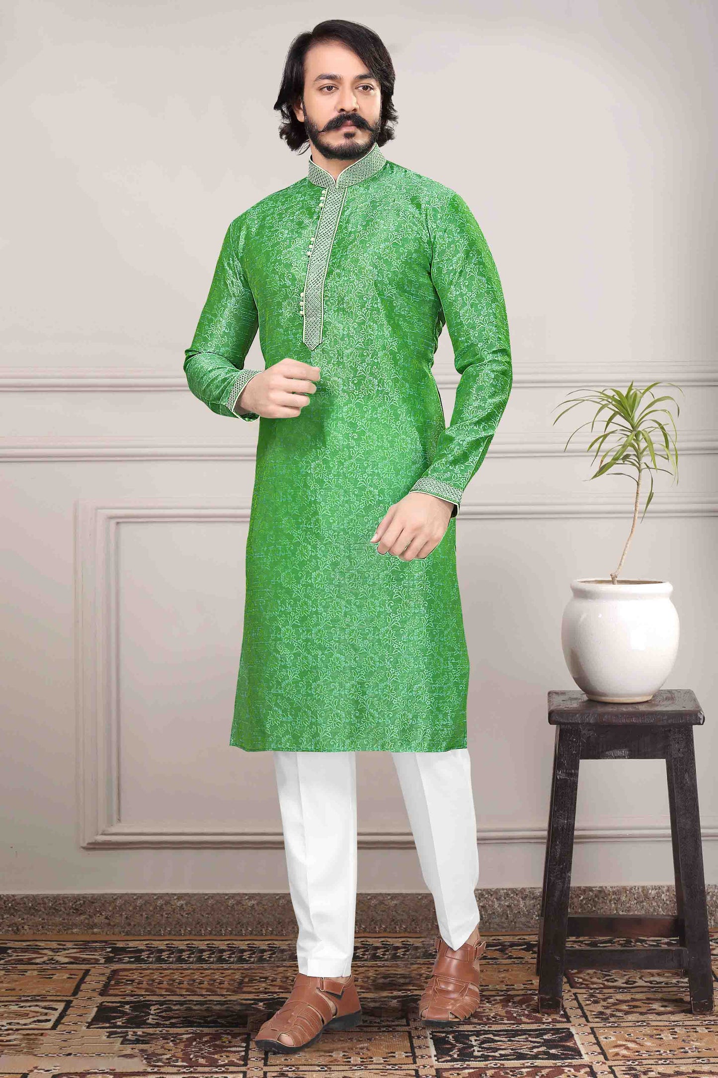 Green Colour Kurta Pajama In Jacquard Silk VSKP1210022