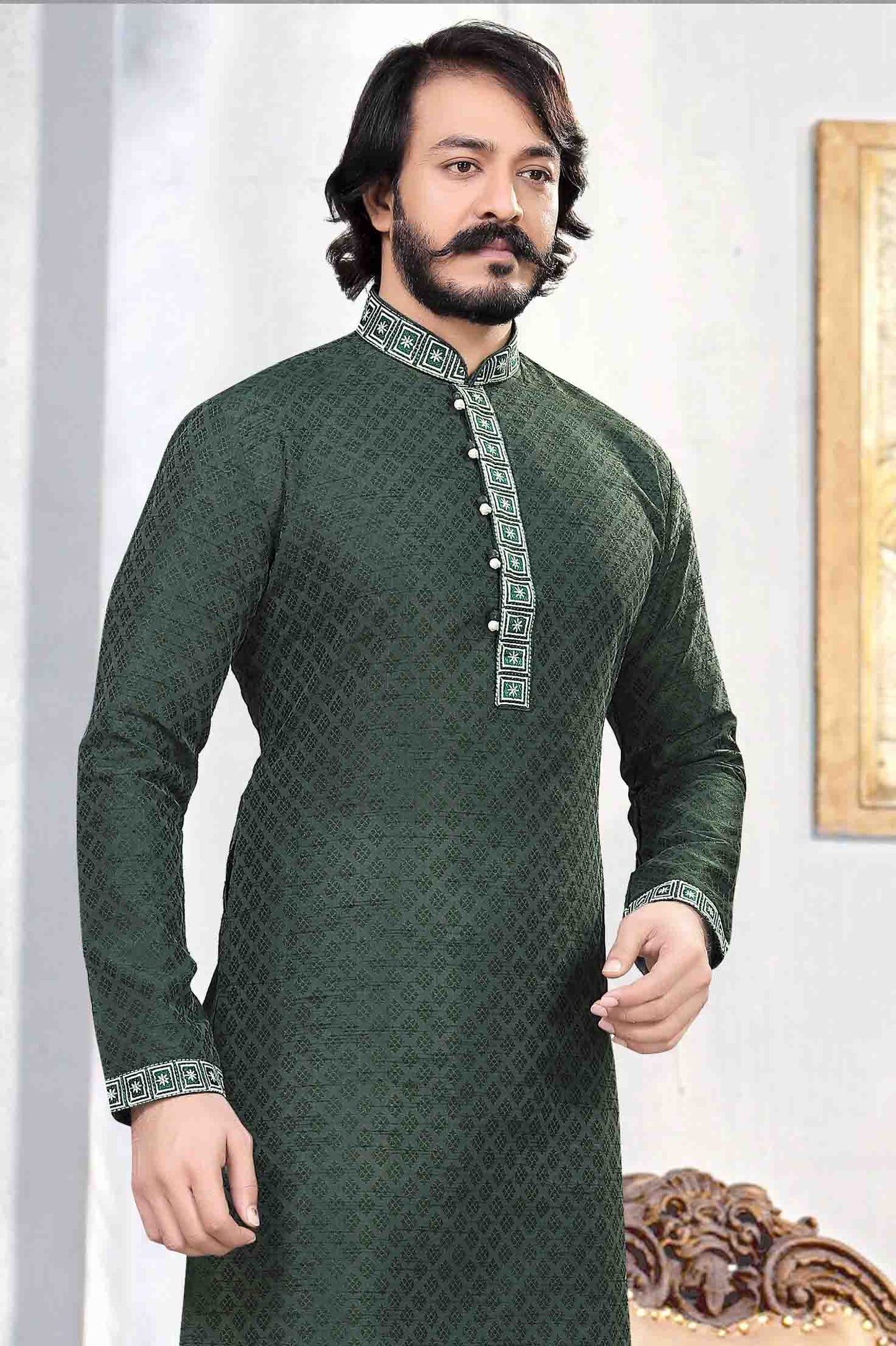 Green Colour Kurta Pajama In Jacquard Silk VSKP1210032